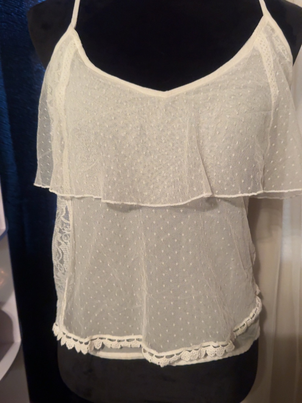 American Eagle Outfitters White Swiss Dot Lace-Trim Ruffle Cami